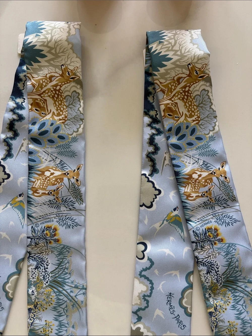 Hermes Blue, Gold & Teal Silk Twilly Scarf Pair